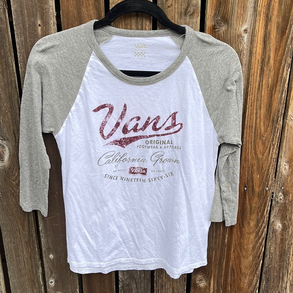 Vans Raglan Baseball Tee Shirt M Gray White Top Medium Ladies California Grown